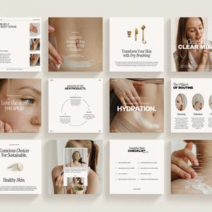 May include: A collection of social media graphics for a skincare brand. The graphics feature images of people using skincare products, text about skincare routines, and product descriptions. The graphics are in a minimalist style with a white background and black text.