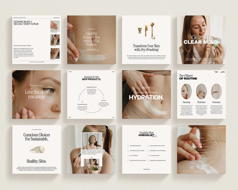 May include: A collection of social media graphics for a skincare brand. The graphics feature images of people using skincare products, text about skincare routines, and product descriptions. The graphics are in a minimalist style with a white background and black text.