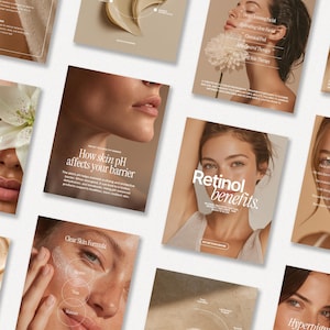 May include: A collection of skincare product advertisements featuring close-up images of women's faces. The ads highlight topics like skin pH, retinol benefits, and calming irritated skin. Each ad has text and a soft, neutral color palette.