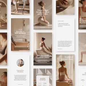 May include: A series of promotional images for a Pilates studio. The images show women in activewear demonstrating Pilates exercises, alongside text about class offerings, benefits, and studio hours. The colour palette is neutral with beige and white tones.