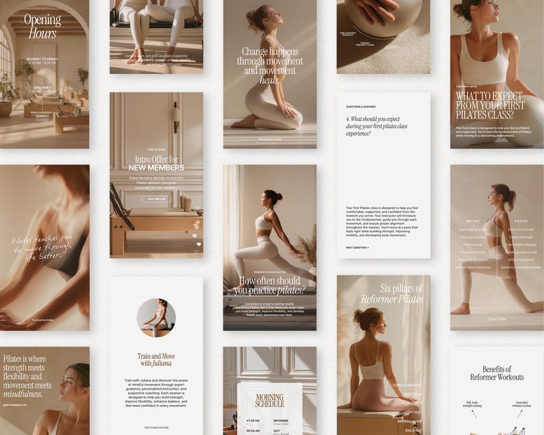 May include: A series of promotional images for a Pilates studio. The images show women in activewear demonstrating Pilates exercises, alongside text about class offerings, benefits, and studio hours. The colour palette is neutral with beige and white tones.