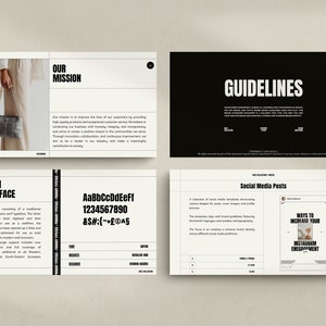 May include: A black and white brand guideline document with the title "Guidelines" and a section titled "Social Media Posts". The document includes a black and white image of a social media post with the text "Ways to Increase Your Instagram Engagement".