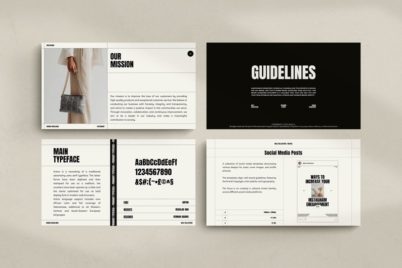 May include: A black and white brand guideline document with the title "Guidelines" and a section titled "Social Media Posts". The document includes a black and white image of a social media post with the text "Ways to Increase Your Instagram Engagement".