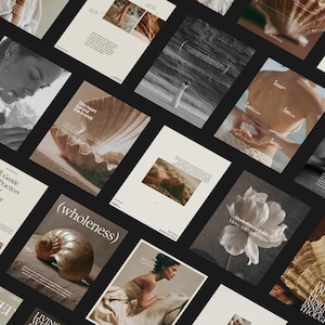 May include: A collection of square cards featuring a neutral color palette with imagery of seashells, flowers, and portraits. The cards include printed text such as 'wholeness', 'Gentle Practices for Inner Peace', and 'Daily Journal of Mindful Inner Thoughts'.