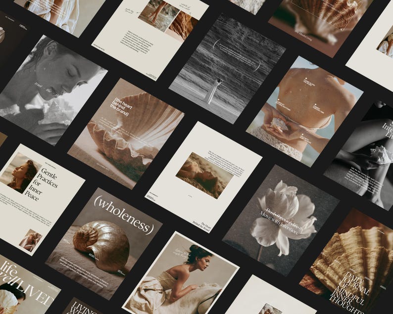 May include: A collection of square cards featuring a neutral color palette with imagery of seashells, flowers, and portraits. The cards include printed text such as 'wholeness', 'Gentle Practices for Inner Peace', and 'Daily Journal of Mindful Inner Thoughts'.