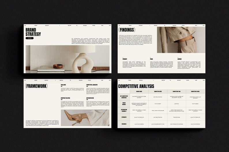 May include: A brand strategy document with the words "Brand Strategy" and "Framework" in bold black text. The document includes a competitive analysis table with the headings "Brand Name", "Competition One", "Competition Two", and "Competition Three".