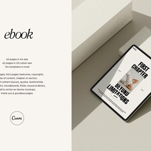 May include: A mockup of a tablet displaying an ebook cover with the text "Beyond Limitations" and "First Chapter". The ebook cover is white with black text and features a photo of a person's legs and feet.