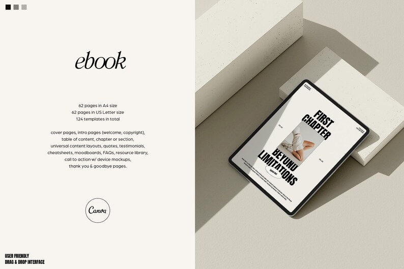 May include: A mockup of a tablet displaying an ebook cover with the text "Beyond Limitations" and "First Chapter". The ebook cover is white with black text and features a photo of a person's legs and feet.