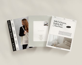 May include: A mockup of three magazine covers with a minimalist design. The covers feature a woman holding a tote bag, a list of skills for success, and a photo of a room with a couch and a side table. The text on the covers reads "Unlock Email Marketing", "Skills For Success, Positivity And Inner Peace", and "Social Media Kit IV".