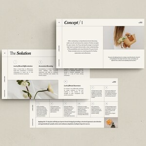Puede incluir: Un tablero de presentaci&oacute;n blanco y negro con el texto "The Solution" y "Concept/1". El tablero est&aacute; dividido en secciones con encabezados como "Falta de diferenciaci&oacute;n de marca" y "Branding inconsistente". El tablero tambi&eacute;n incluye im&aacute;genes de flores y una mujer sosteniendo una bolsa de mimbre.