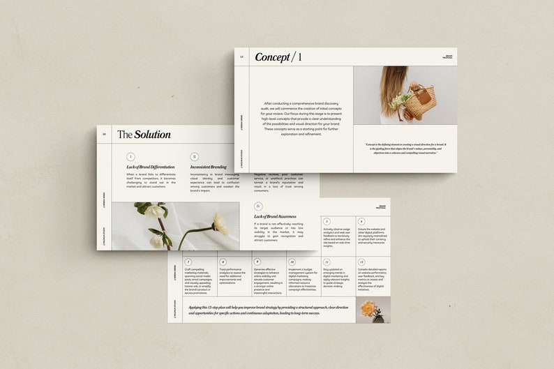 Puede incluir: Un tablero de presentaci&oacute;n blanco y negro con el texto "The Solution" y "Concept/1". El tablero est&aacute; dividido en secciones con encabezados como "Falta de diferenciaci&oacute;n de marca" y "Branding inconsistente". El tablero tambi&eacute;n incluye im&aacute;genes de flores y una mujer sosteniendo una bolsa de mimbre.