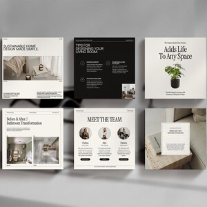 May include: A collage of six images showcasing interior design tips and a team of designers. The images feature a minimalist aesthetic with a focus on sustainable home design. The text includes "Sustainable Home Design Made Simple", "Tips for Designing Your Living Room", "Adds Life To Any Space", "Before & After // Bathroom Transformation", "Meet The Team", and "Serving Up Your Bathroom Goals".