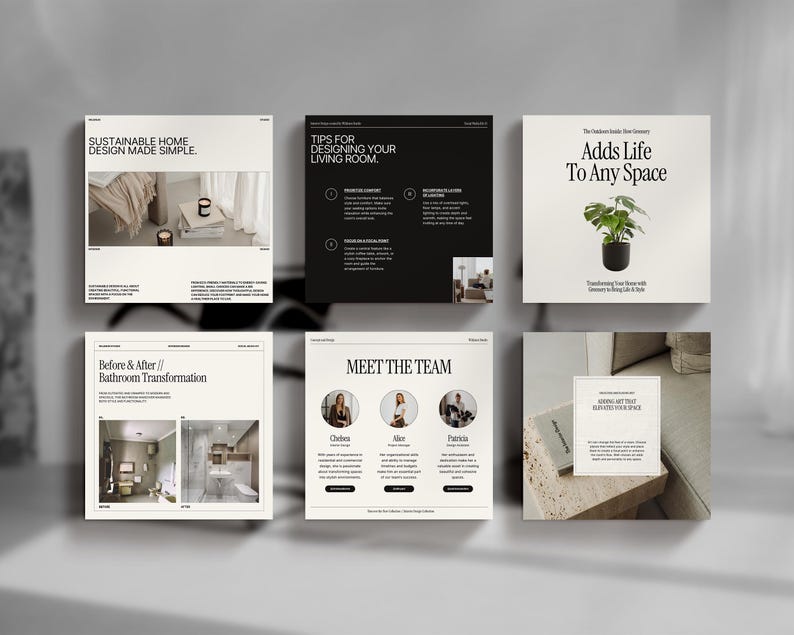May include: A collage of six images showcasing interior design tips and a team of designers. The images feature a minimalist aesthetic with a focus on sustainable home design. The text includes "Sustainable Home Design Made Simple", "Tips for Designing Your Living Room", "Adds Life To Any Space", "Before & After // Bathroom Transformation", "Meet The Team", and "Serving Up Your Bathroom Goals".