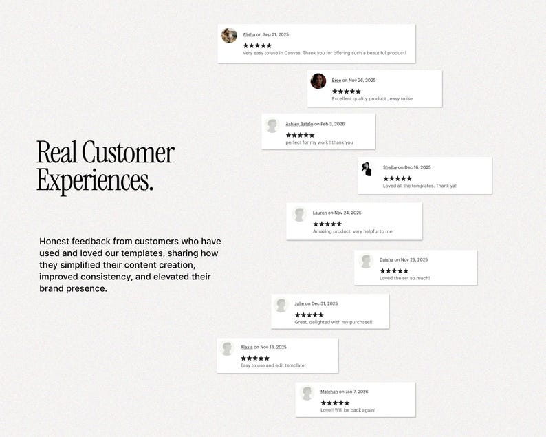 May include: A light beige graphic featuring the text "Real Customer Experiences" and customer reviews. The reviews are in white boxes with user profile pictures and star ratings. The text below the title highlights the product's advantages.