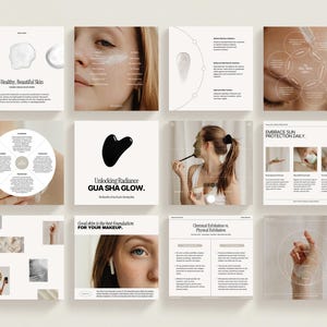 May include: A collage of images promoting a gua sha facial tool. The images show a woman using the tool, a close-up of the tool, and text that reads "Unlocking Radiance GUA SHA GLOW. The Benefits of Gua Sha for Glowing Skin."