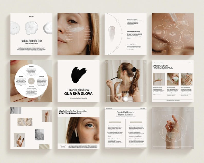 May include: A collage of images promoting a gua sha facial tool. The images show a woman using the tool, a close-up of the tool, and text that reads "Unlocking Radiance GUA SHA GLOW. The Benefits of Gua Sha for Glowing Skin."