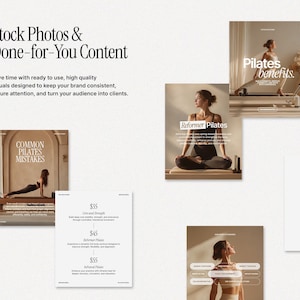 May include: A promotional image showcasing Pilates-related content. The image includes posters with text such as "Pilates benefits" and "Reformer Pilates." The image also includes text that says "Stock Photos & Done-for-You Content."