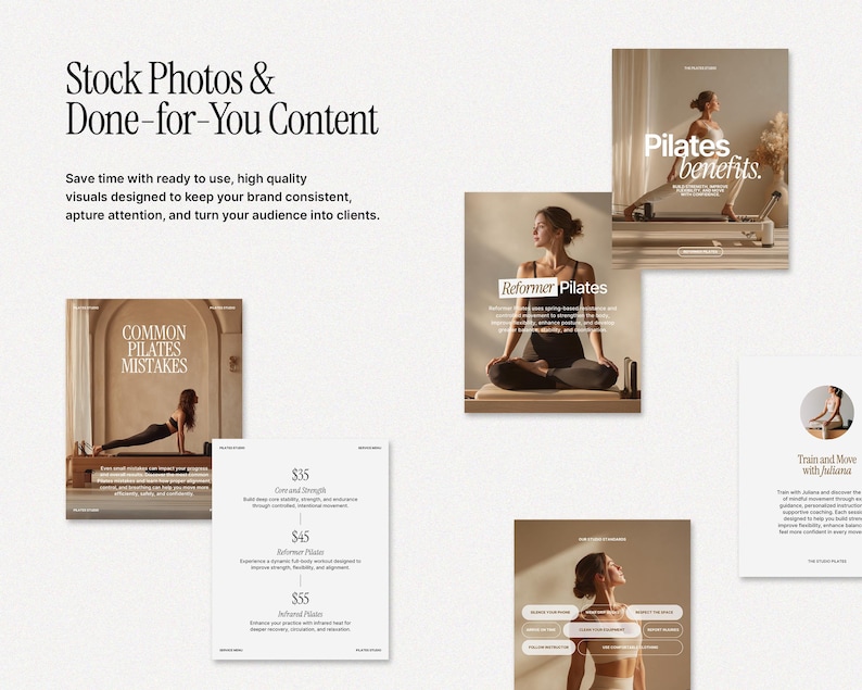 May include: A promotional image showcasing Pilates-related content. The image includes posters with text such as "Pilates benefits" and "Reformer Pilates." The image also includes text that says "Stock Photos & Done-for-You Content."