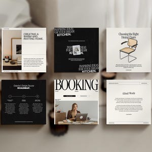 May include: A black and white image of a website with the word "BOOKING" in large white letters. The website is about interior design and includes sections on creating a warm and inviting home, inspiring ideas for a dream kitchen, choosing the right dining chairs, and a roadmap for interior design success.
