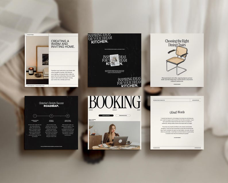 May include: A black and white image of a website with the word "BOOKING" in large white letters. The website is about interior design and includes sections on creating a warm and inviting home, inspiring ideas for a dream kitchen, choosing the right dining chairs, and a roadmap for interior design success.