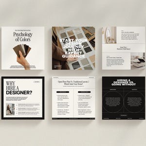 May include: Six black and white cards with text about interior design. The cards have titles like "Psychology of Colors", "Start Your Design Journey with Expert Guidance", "Why Hire a Designer?", "Open Floor Plan Vs. Traditional Layout", and "Hiring a Designer Vs. Going Without".