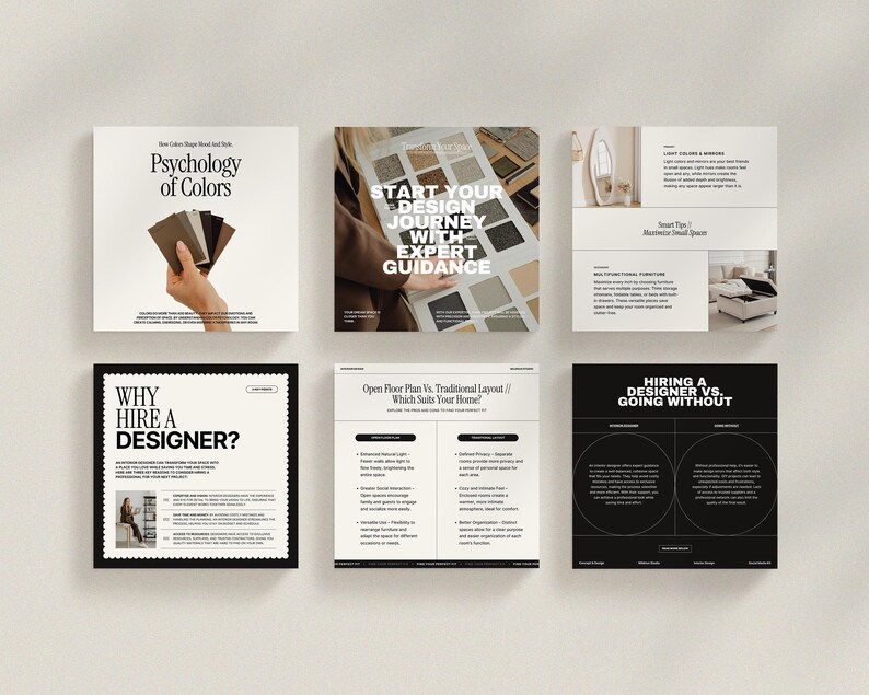 May include: Six black and white cards with text about interior design. The cards have titles like "Psychology of Colors", "Start Your Design Journey with Expert Guidance", "Why Hire a Designer?", "Open Floor Plan Vs. Traditional Layout", and "Hiring a Designer Vs. Going Without".