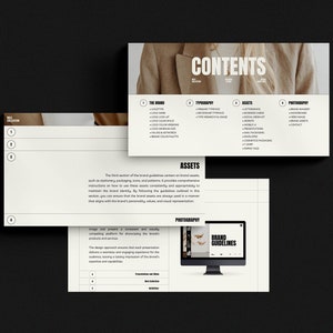 May include: A page from a brand guideline document with the heading "Contents" and a list of sections including "The Brand", "Typography", "Assets", and "Photography". The page also includes a section titled "Assets" with a list of brand assets such as "Stationary", "Packaging", "Icons", and "Patterns".