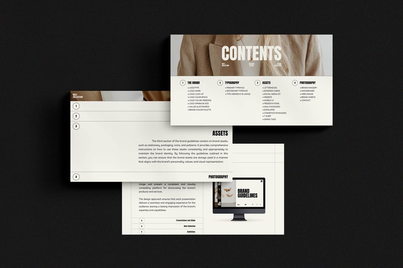 May include: A page from a brand guideline document with the heading "Contents" and a list of sections including "The Brand", "Typography", "Assets", and "Photography". The page also includes a section titled "Assets" with a list of brand assets such as "Stationary", "Packaging", "Icons", and "Patterns".