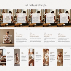 May include: A digital product layout with the text "Includes Carousel Designs." The layout features images of pilates exercises, along with text describing the benefits of pilates, such as improved posture, core strength, flexibility, and balance.