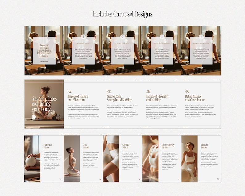 May include: A digital product layout with the text "Includes Carousel Designs." The layout features images of pilates exercises, along with text describing the benefits of pilates, such as improved posture, core strength, flexibility, and balance.
