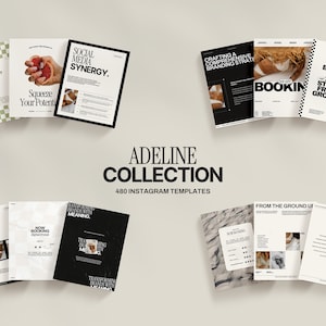 Puede incluir: Una colección de 480 plantillas de Instagram para marketing en redes sociales. Las plantillas presentan una variedad de diseños, que incluyen patrones en blanco y negro, mármol y a cuadros. El texto en las plantillas incluye frases como "Sinergia de redes sociales", "Construyendo tu estrategia de marca" y "Mejorando tu marca".