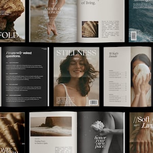 May include: A collection of open magazine pages featuring photography of coastal landscapes, seashells, and people. The layouts include text headers such as UNFOLD, STILLNESS, and Soft Living, with black and white color schemes, serif typography, and columns of text.