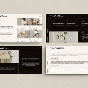 Puede incluir: Una presentaci&oacute;n en blanco y negro con el texto "Our Clients", "Concept/2", "The Problem" y "Our Packages". La presentaci&oacute;n incluye im&aacute;genes de flores y texto que describe los servicios ofrecidos.