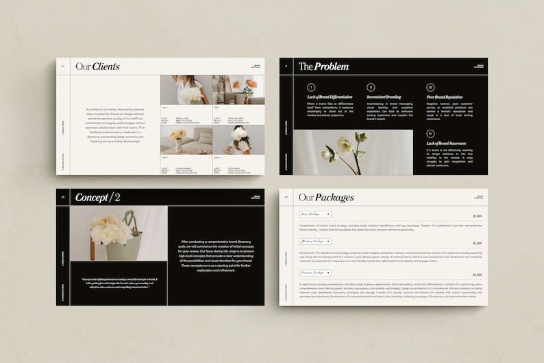 Puede incluir: Una presentaci&oacute;n en blanco y negro con el texto "Our Clients", "Concept/2", "The Problem" y "Our Packages". La presentaci&oacute;n incluye im&aacute;genes de flores y texto que describe los servicios ofrecidos.
