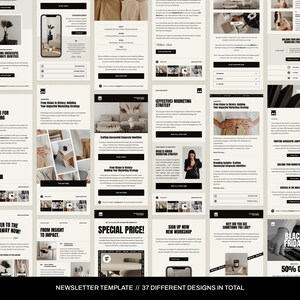 May include: A collection of 37 newsletter templates with different designs. The templates feature a minimalist aesthetic with a neutral color palette of black, white, and beige. The text includes phrases like "Thank you for subscribing", "Enter to the giveaway now!" and "Special Price!"