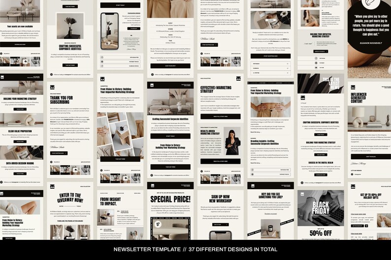 May include: A collection of 37 newsletter templates with different designs. The templates feature a minimalist aesthetic with a neutral color palette of black, white, and beige. The text includes phrases like "Thank you for subscribing", "Enter to the giveaway now!" and "Special Price!"