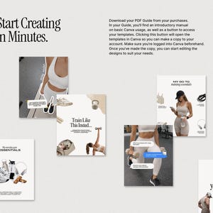 May include: A promotional image with the text "Start Creating in Minutes." and "Download your PDF Guide from your purchases." Several images showcase fitness essentials and workout routines, including text like "My everyday gym ESSENTIALS."