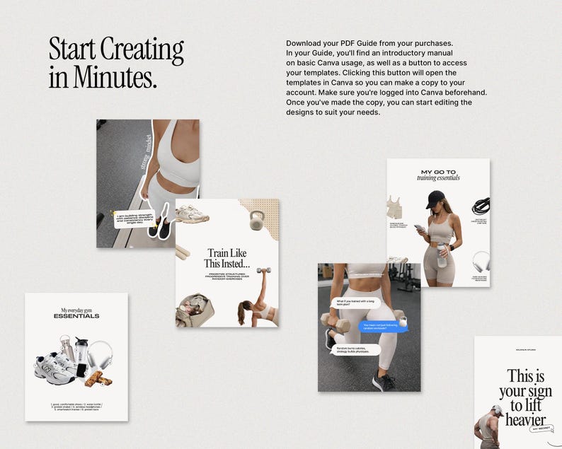 May include: A promotional image with the text "Start Creating in Minutes." and "Download your PDF Guide from your purchases." Several images showcase fitness essentials and workout routines, including text like "My everyday gym ESSENTIALS."