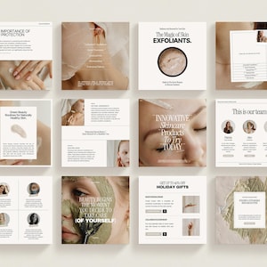 May include: A collage of nine Instagram-style squares featuring images and text related to skincare. The images include close-ups of faces with various skincare products, a team of women, and a green beauty routine. The text includes phrases like "The Importance of Sun Protection", "The Magic of Skin Exfoliants", "Innovative Skincare Products to Try Today", and "Beauty Begins the Moment You Decide to Take Care of Yourself".