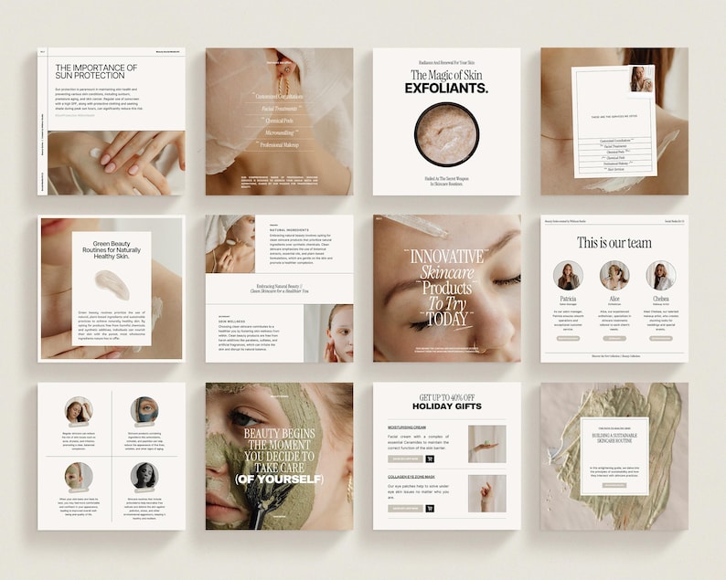 May include: A collage of nine Instagram-style squares featuring images and text related to skincare. The images include close-ups of faces with various skincare products, a team of women, and a green beauty routine. The text includes phrases like "The Importance of Sun Protection", "The Magic of Skin Exfoliants", "Innovative Skincare Products to Try Today", and "Beauty Begins the Moment You Decide to Take Care of Yourself".