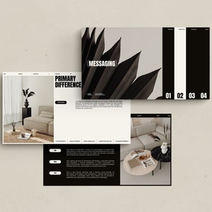 May include: A brochure with a black and white color scheme featuring a modern living room with a sofa, coffee table, and plants. The text on the brochure reads "Primary Difference" and "Messaging".