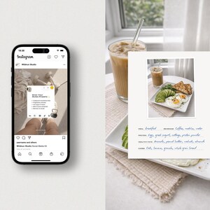 May include: A smartphone displays an Instagram post with the Wildsun Studio logo. A white plate holds a breakfast with eggs, avocado, and toast. A glass of iced coffee sits nearby, with a handwritten menu listing breakfast and healthy fats.