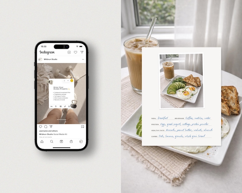 May include: A smartphone displays an Instagram post with the Wildsun Studio logo. A white plate holds a breakfast with eggs, avocado, and toast. A glass of iced coffee sits nearby, with a handwritten menu listing breakfast and healthy fats.