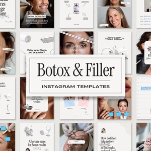 May include: A collection of Instagram templates with a cream background. The central template reads "Botox & Filler" with "Instagram Templates" below. Other templates address topics like facial features, treatment aftercare, and skin recovery.