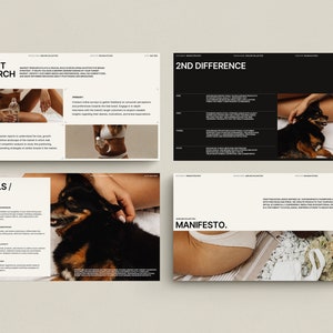 May include: Four pages of a presentation with black and white text and images. The first page is titled "Market Research" and features a woman in white underwear holding a glass bottle. The second page is titled "2nd Difference" and features a woman in white underwear with a dog. The third page is titled "Goals/" and features a dog. The fourth page is titled "Manifesto." and features a woman in white underwear.