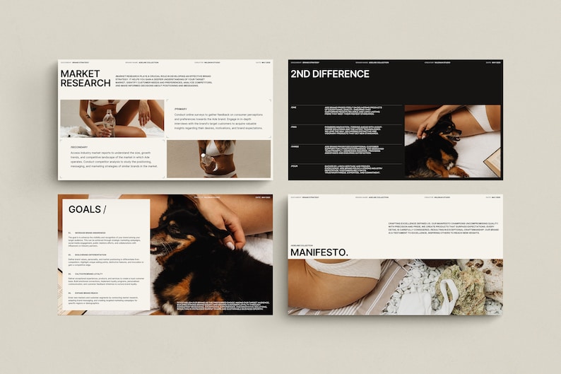 May include: Four pages of a presentation with black and white text and images. The first page is titled "Market Research" and features a woman in white underwear holding a glass bottle. The second page is titled "2nd Difference" and features a woman in white underwear with a dog. The third page is titled "Goals/" and features a dog. The fourth page is titled "Manifesto." and features a woman in white underwear.