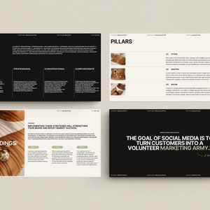 May include: A black and white image with text that reads "VOICE." and "PILLARS." The image also includes text that reads "IMPLEMENTING THESE STRATEGIES WILL STRENGTHEN YOUR BRAND AND BOOST MARKET SUCCESS." and "THE GOAL OF SOCIAL MEDIA IS TO TURN CUSTOMERS INTO A VOLUNTEER MARKETING ARMY."
