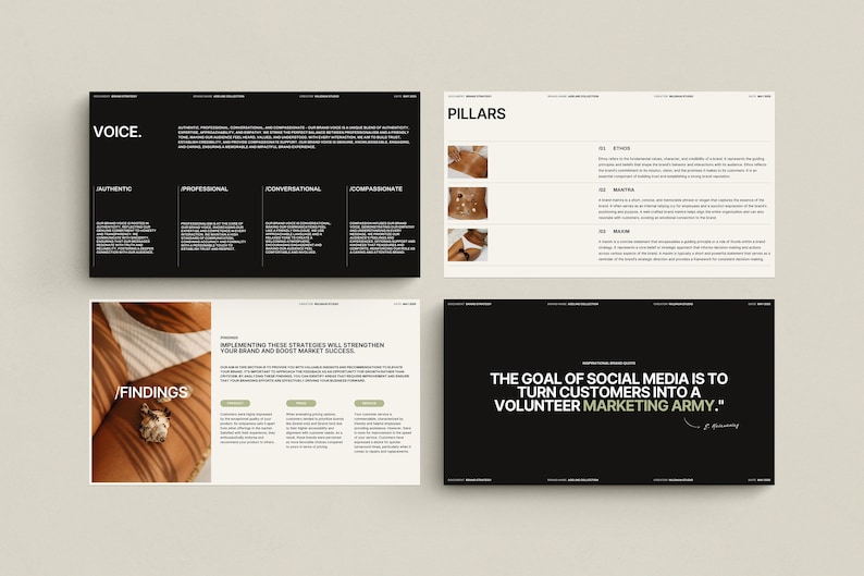May include: A black and white image with text that reads "VOICE." and "PILLARS." The image also includes text that reads "IMPLEMENTING THESE STRATEGIES WILL STRENGTHEN YOUR BRAND AND BOOST MARKET SUCCESS." and "THE GOAL OF SOCIAL MEDIA IS TO TURN CUSTOMERS INTO A VOLUNTEER MARKETING ARMY."