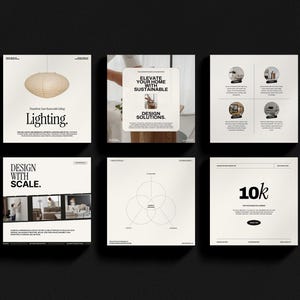 May include: A set of six white square cards with black text. The cards feature images of home decor and design elements. The text on the cards includes "Elevate your home with sustainable design solutions." and "Design with scale."