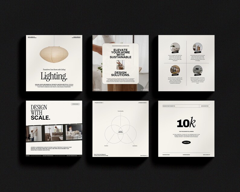 May include: A set of six white square cards with black text. The cards feature images of home decor and design elements. The text on the cards includes "Elevate your home with sustainable design solutions." and "Design with scale."